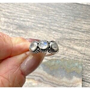 925 Sterling Silver Rainbow Moonstone Triple Gemstone Dainty Ring Size 5